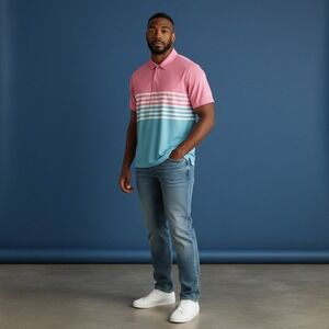 Chubbies Men's Pink Blue‎ Stripe Golf Polo Shirt Size Large